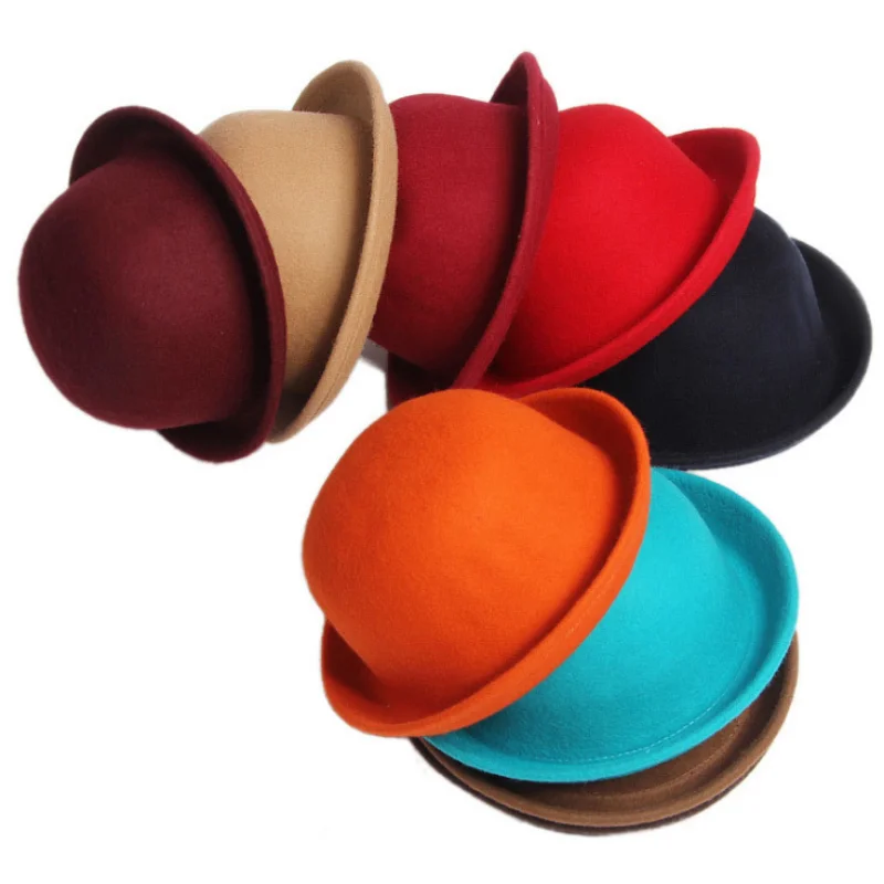 

Adult Children Flat-top Fedora Hat Pure Color Imitation Wool Jazz Hat Wide Brim Ladies Elegant Round Hat Bowler Beach Hat