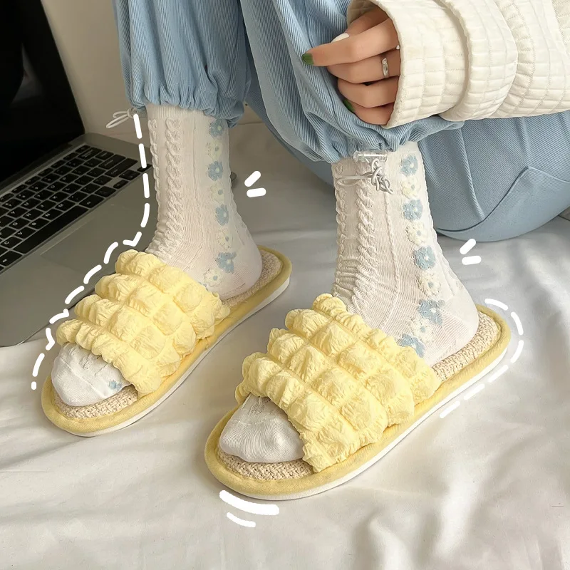 Ins Linen Slippers Thick Bottom Bubble Girl Warm Slippers Home Cotton Linen Soft Bottom Slippers Shoes Women Comfortable Fashion
