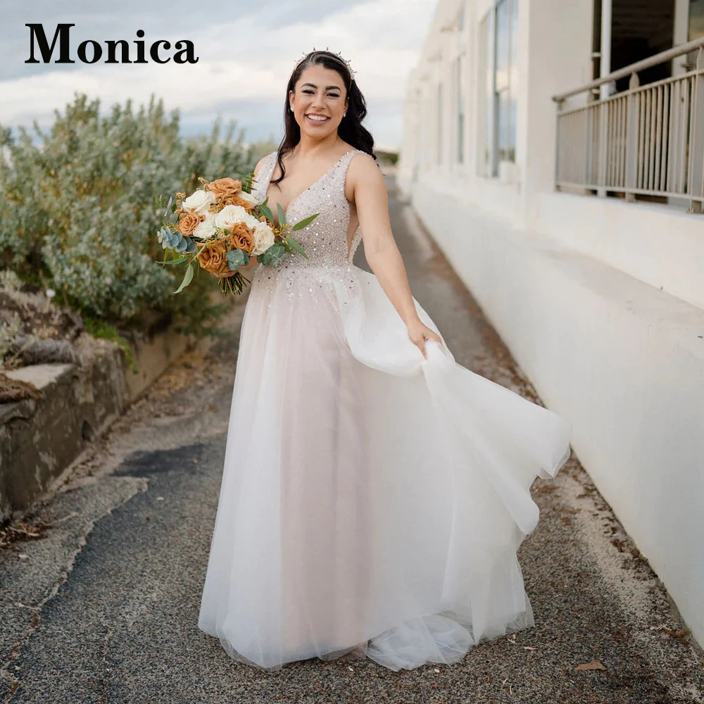 

MONICA Sparkly Beading Wedding Dresses For Bride Deep V-Neck A-LINE Pleat Vintage Court Train Vestidos De Novia Brautmode