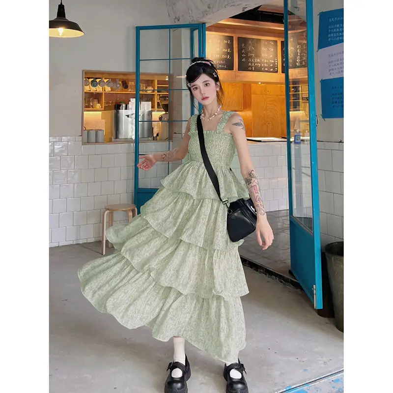 Gaganight женское милое зеленое платье с цветочным принтом 2024 летнее новое