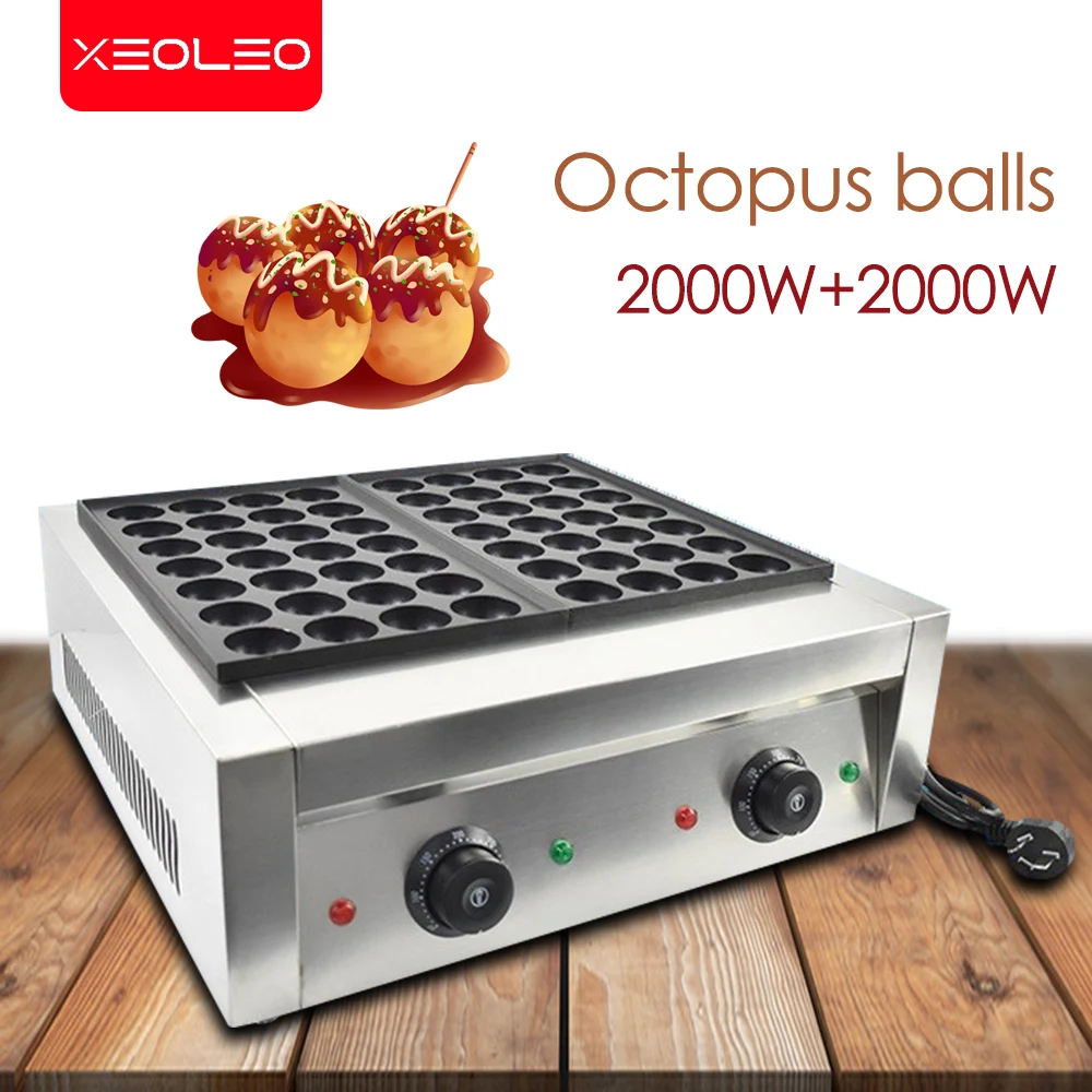 XEOLEO Commercial Takoyaki Machine 2000W Octopus Balls Grill Pan Electric Fish Ball Furnace Double Plates Non-stick