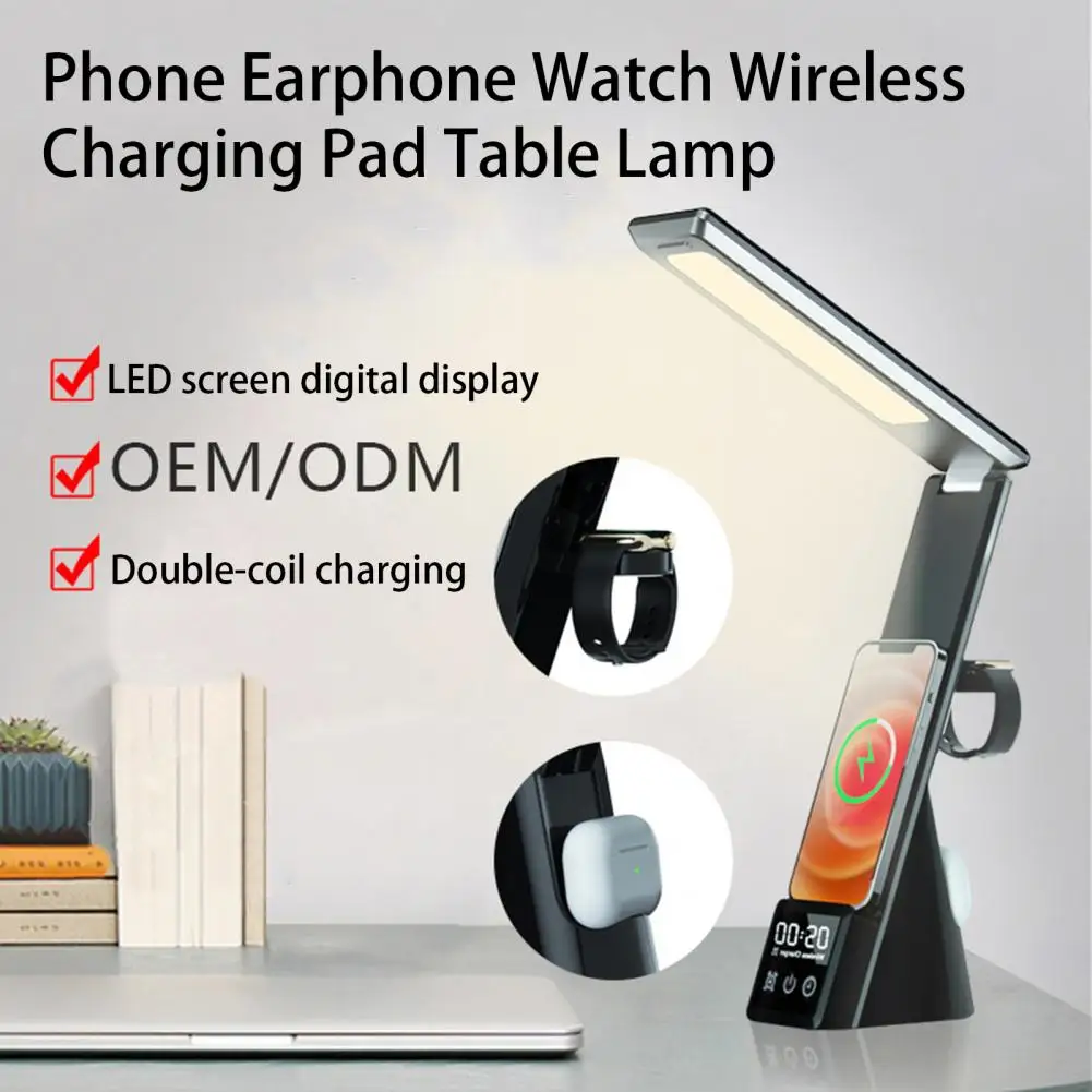 

Fast Charging 3-in-1 Smart Chip with Alarm Clock Phone Earphone Watch Wireless Charger Pad LED Reading Table Lamp Desk Light
