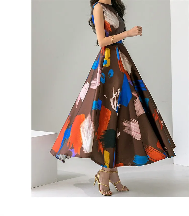 Women Elegant Dress O-Neck Long Korean Retro Sleeveless Printing Vestidos Fashion Slim Big Swing Party Casual Dress