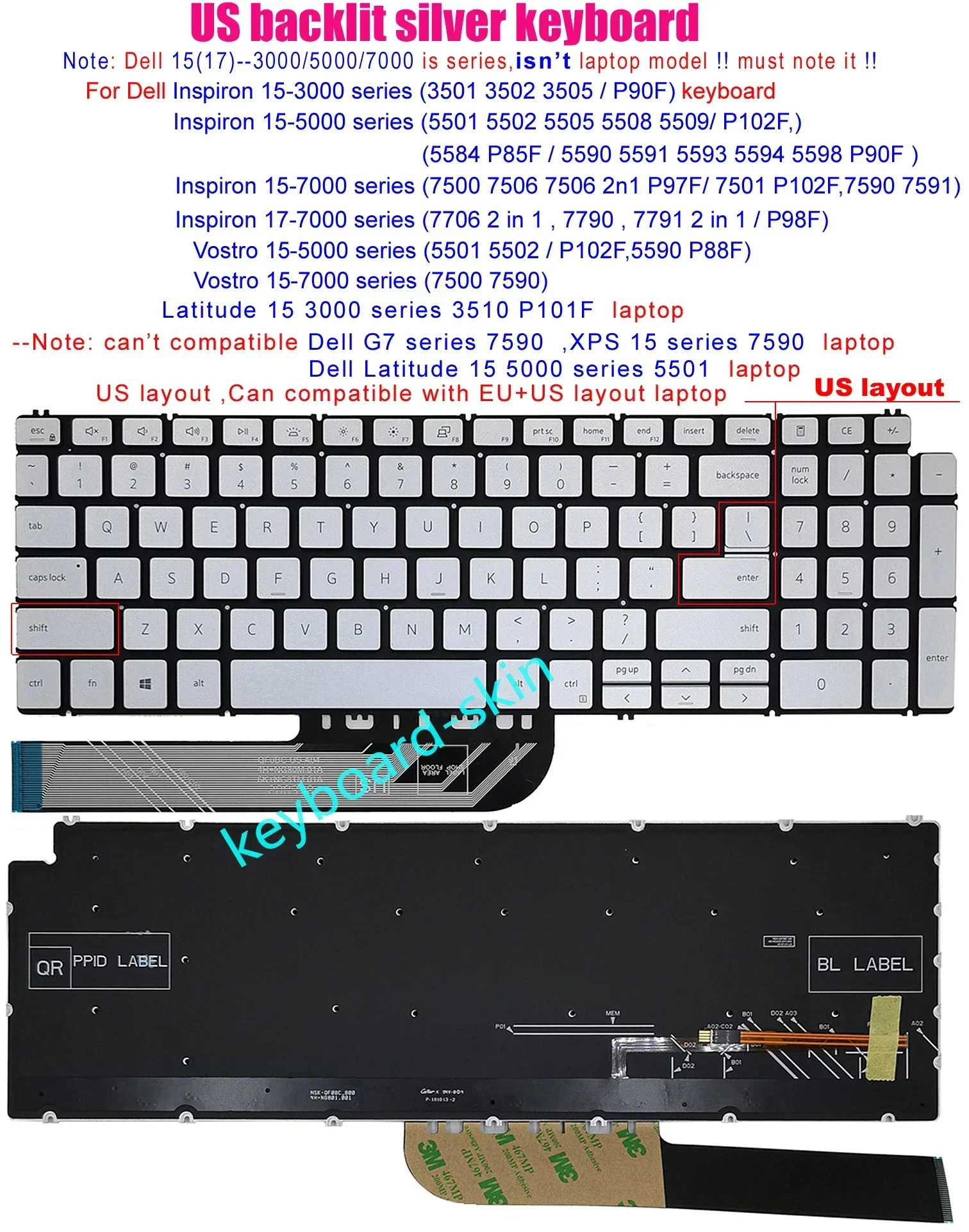 Серебряная клавиатура США с подсветкой для Dell Inspiron 15-5501 5502 5505 5508 15-5509 P102F 5584 P85F 5590