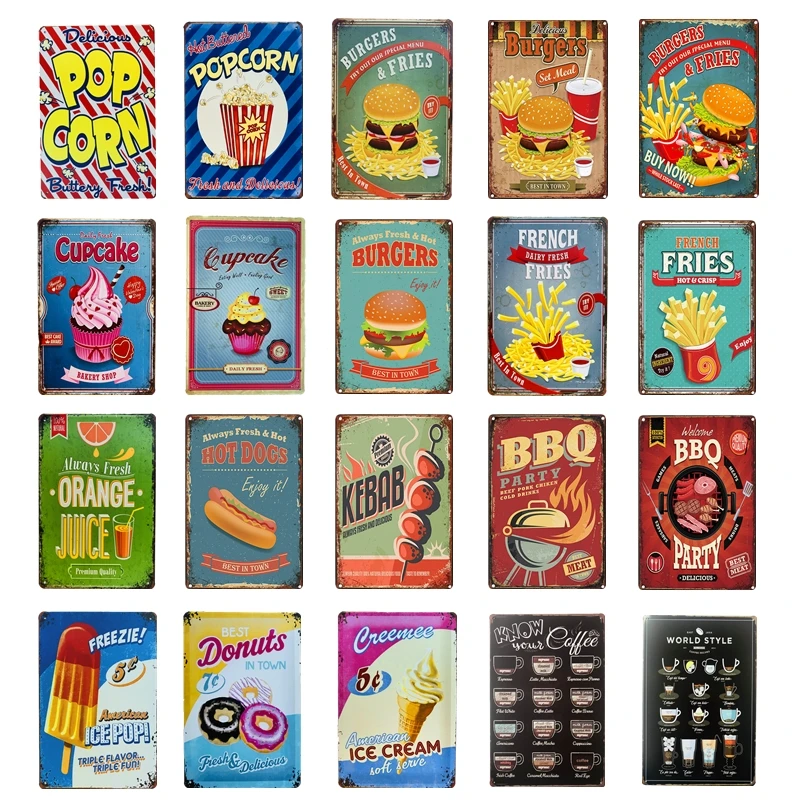 

Ретро-постер для барбекю, гамбургеров, попкорна, хот-догов, картошки фри, кексов, кофе, меню, мороженого, металлические жестяные знаки, Декор стен для паба, бара, фаст-фуда, магазина