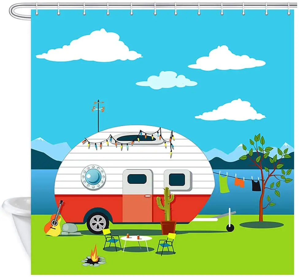 

Camper Shower Curtain Trailer Vintage Fire Pit Camping Table Polyester Fabric Waterproof Bathroom Bath Curtains with Hooks