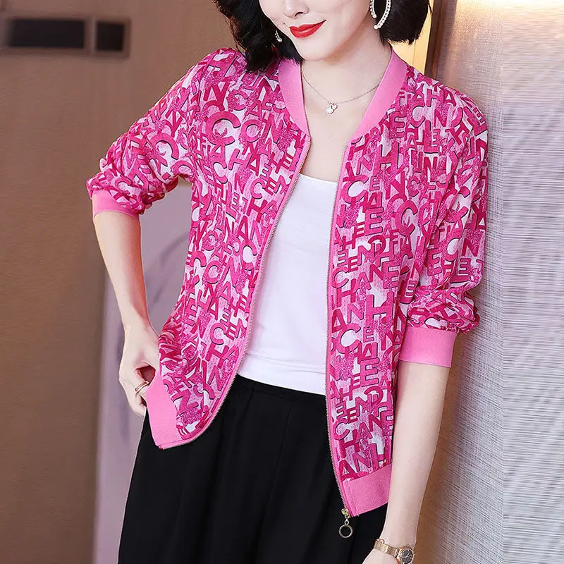 

Chiffon Baseball Uniform Jacket 5XL Women's Summer New Fashion Temperament Letter Print Loose Slim Jacket Coat 4XL