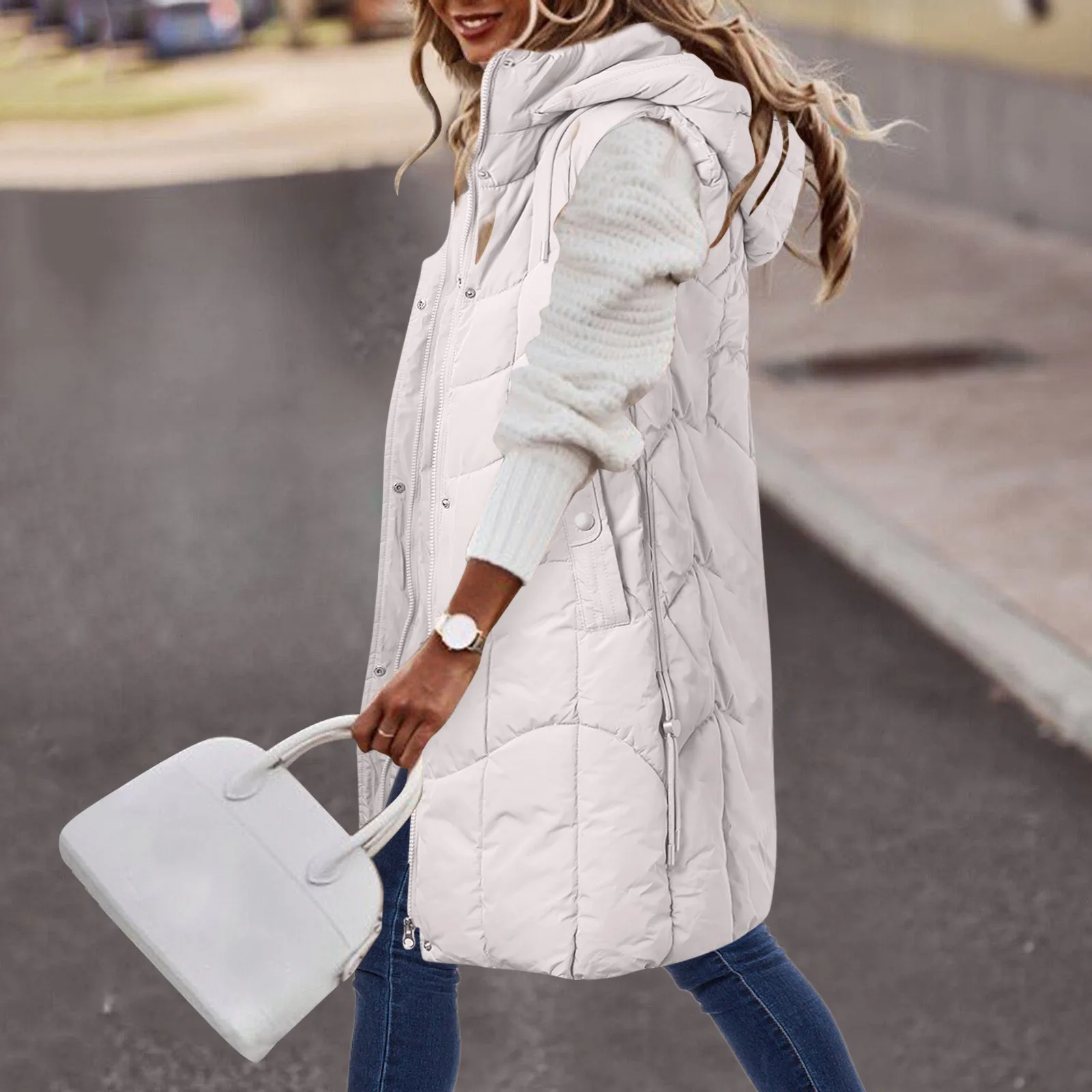 

Женский Длинный стеганый жилет без рукавов, зимняя легкая куртка на пуговицах с капюшоном и подкладкой из хлопка
