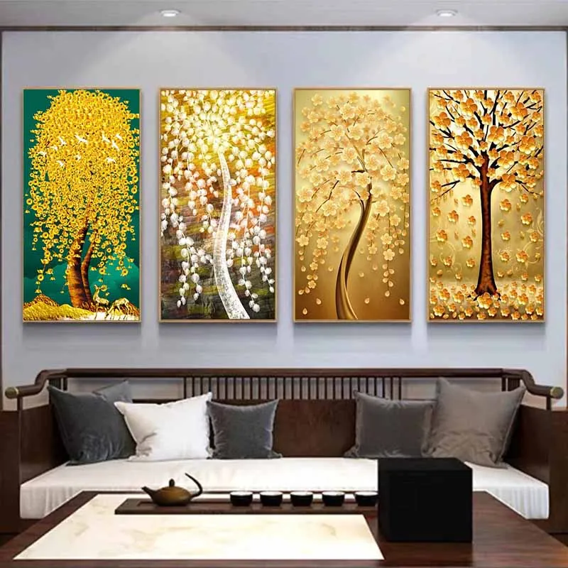 

Landscape Canvas Paintings Golden Leaf Lucky Fortune Tree Pictures Posters and Prints for Modern Living Room Wall Art Decor