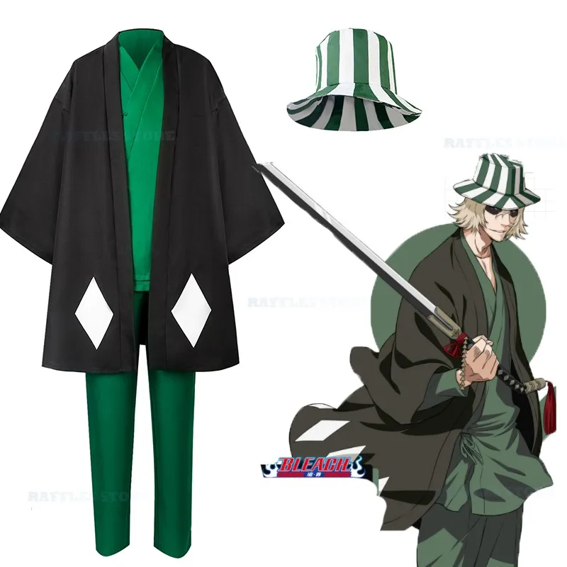 

Anime Bleach Urahara Kisuke Cosplay Costume Store Manager Kimono Hat Full Outfit Man and Woman Anime Clothing Wig Accessories