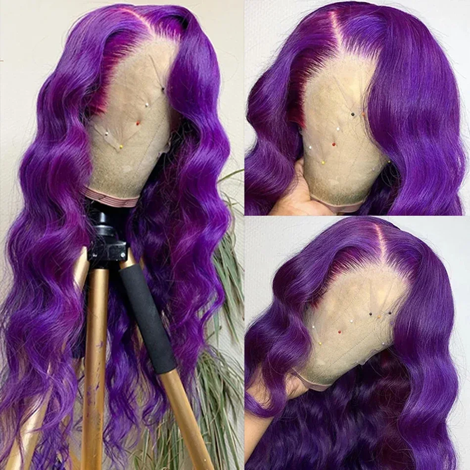 Фото Парик из натуральных волос Body Wave, фиолетовый, 2026, 13x4 HD, с кружевной передней частью, цветной, высокой плотности, для женщин, для косплея, индивидуальный модный стиль №3