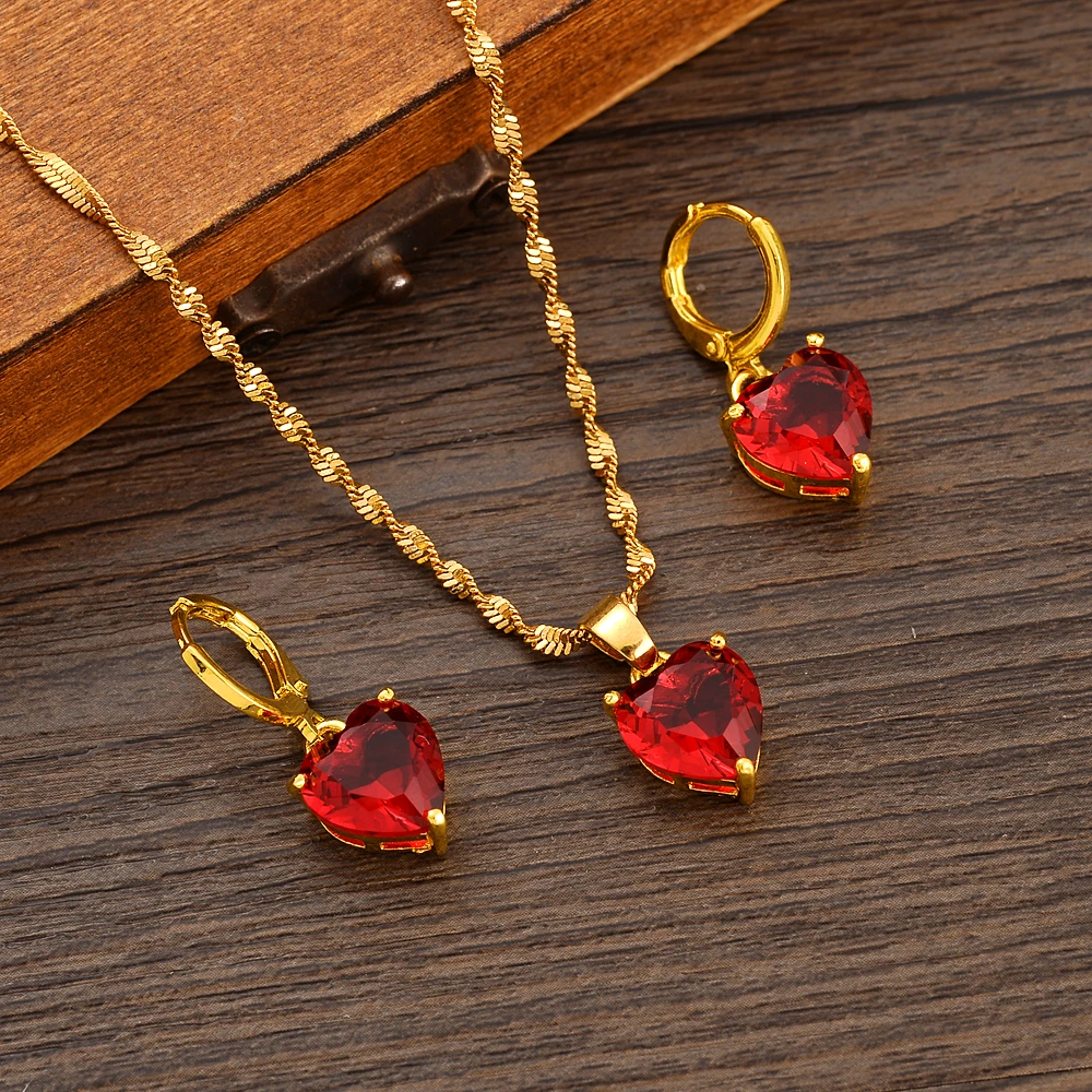 

Heart Shaped Gold Plated Africa Red CZ Cute Necklace pendant Earrings wedding Birthday Party Jewelry Sets For Women Girl Gifts