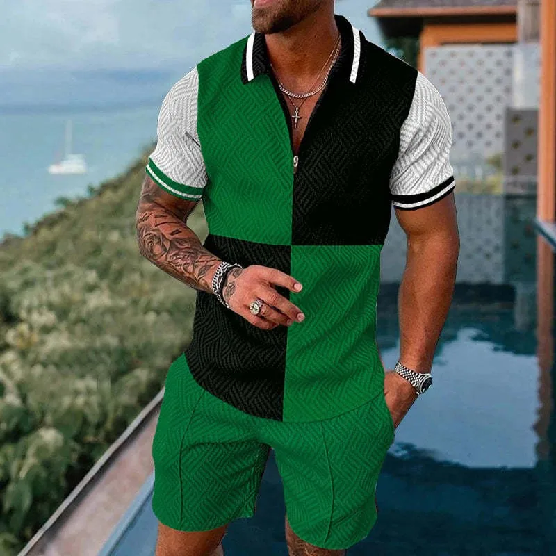 Summer Men's Tracksuit Short Sleeve Polo Shirt Set 3D Print Zipper Lapel T-shirt Shorts 2 Pieces Casual Suit Streetwear Outfit