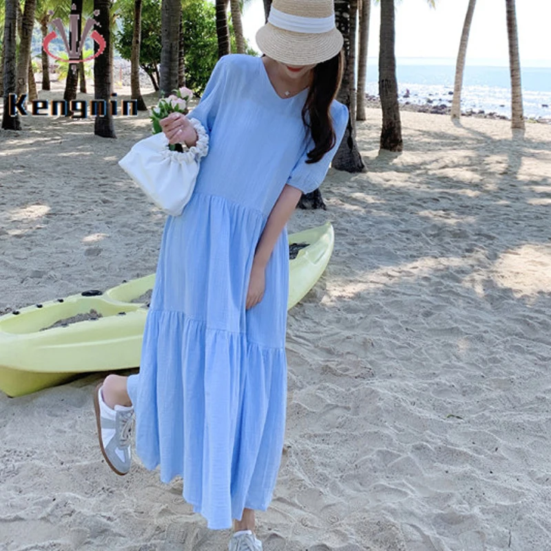 

Beach Style 2022 Summer Dress Woman Plus Size Dresses Loose 4XL Casual Ladies Vestidos Solid Color Female Clothing Robe KE2465