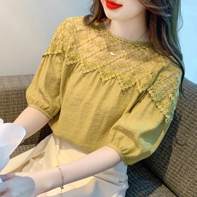 

Korean Fashion Loose Clothes Summer Spliced Short Lantern Sleeve Shirt New Elegant Sweet Blouse Casual Round Collar Tops 27178