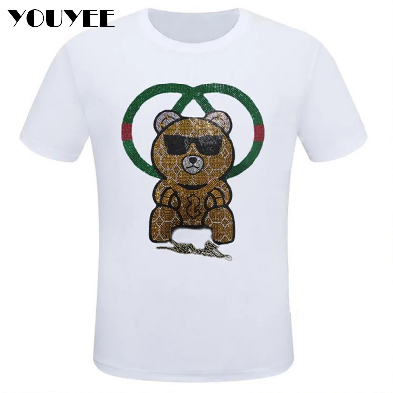

Men's T-shirt Luxury Short Sleeved Tees Bear Rhinestone Design Fashionable Male Top Cotton Casual Plus Size Man Clothing 4XL