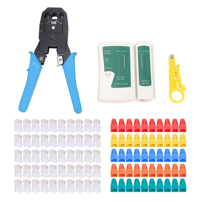 

RJ45 Crimp Tool Kit, Cat5 Cat5E Crimp Tool Set, Crimp Tool with Cat5 Cat6 RJ45 Connectors, Mixed Strain Relief Boots