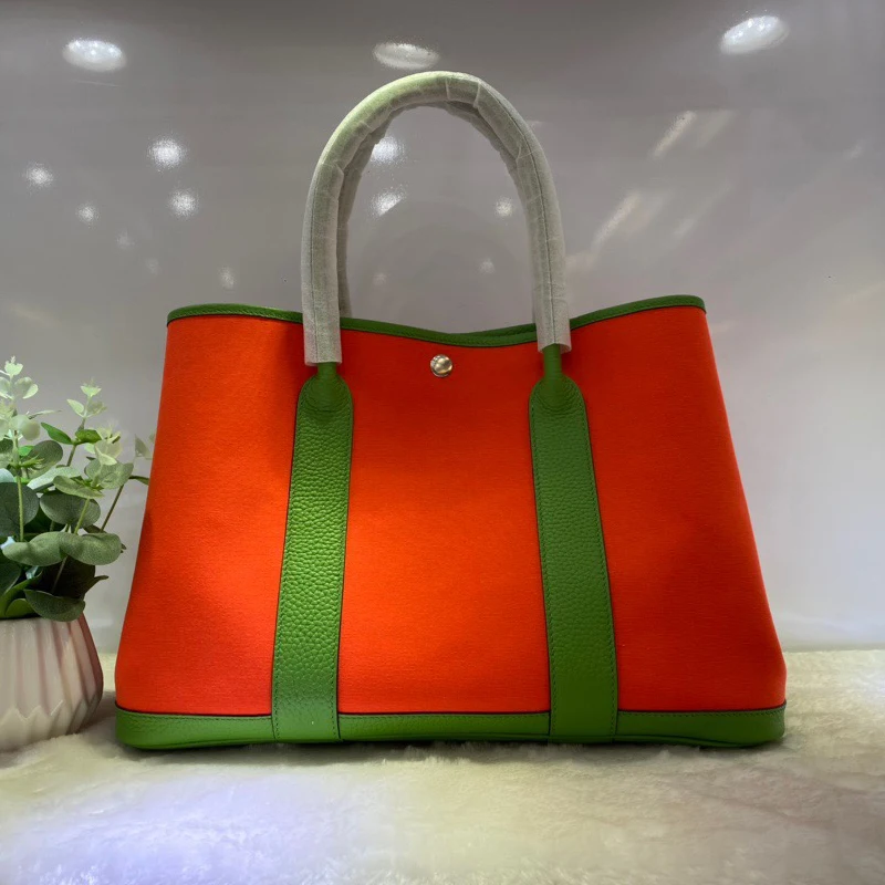 

XHTY Garden Bag Canvas With Leather Handbag Women's Fashion Simple Soft Large-Capacity Tote Shopping Bag Strapless