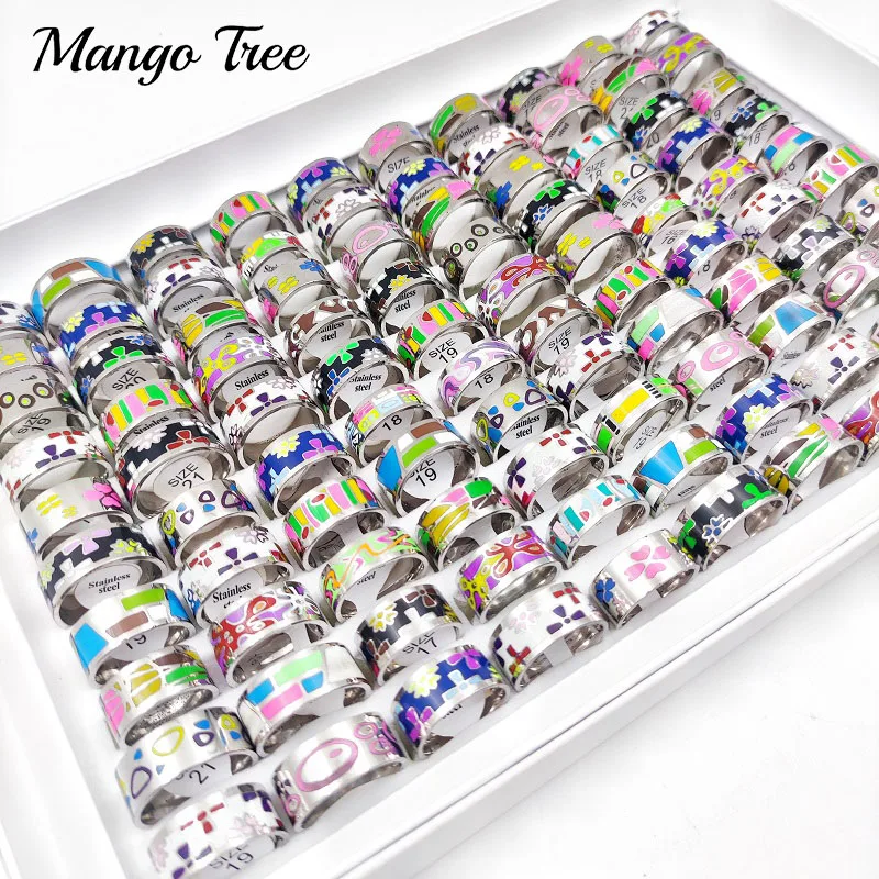 

10/20/30/Pcs/Lot Enamel Pattern Color Painting Stainless Steel Rings for Women and Men Fashion Polished Charm Width Jewelry Gift