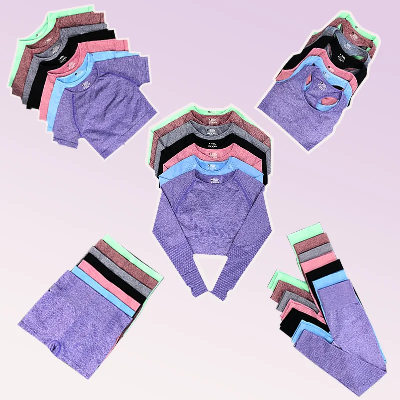 5Pieces Seamless Women's Yoga Set Fitness Long Sleeve Crop Top High Waist Leggings Tracksuit Workout Activewear Workout Wear