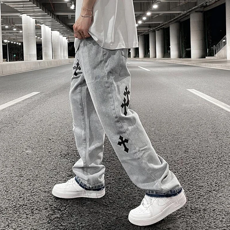 Mens High Street Casual Washed Straight Oversize Jeans Pants 2022 New Unisex Ripped Retro Hole Cross Embroidery Denim Trousers