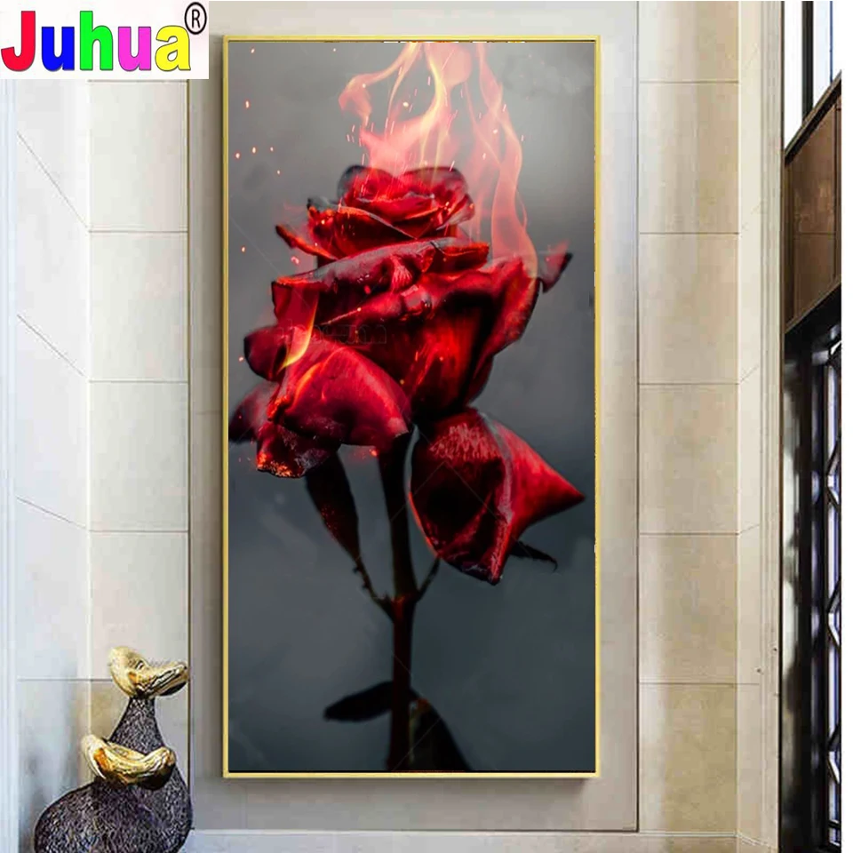 Large Diamond Mosaic Fire Red Rose 5D Diy Diamond Painting Flower Rhinestone pictures Embroidery Cross Stitch Kits Home Decor