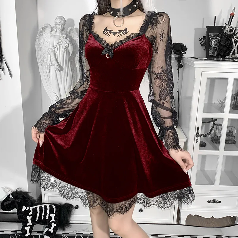 

Women's Sexy Dress Female Summer Dress Gothic Style Lace Stitching V-Neck Long Flare Sleeve Single Piece For Ladies Club Y2k