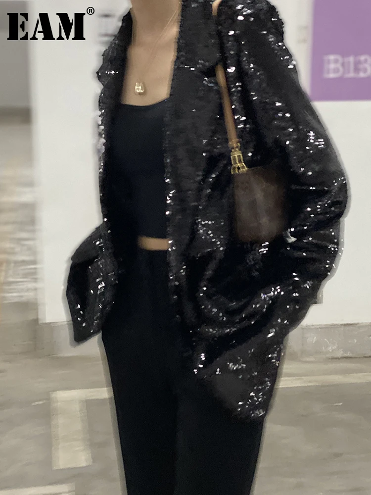 

[EAM] Loose Fit Black Sequins Big Size Shining Jacket New Lapel Long Sleeve Women Coat Fashion Tide Spring Autumn 2022 1DE8751