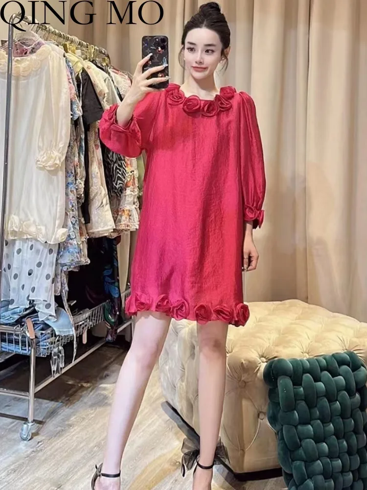 

QING MO 2023 Autumn New French Rose Edge Mid Length T-shirt Dress Women Slim Fashion Red Beige Above Knee Dress ZXF3314