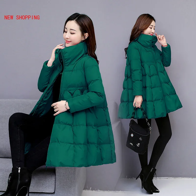 2022 New Winter Women Solid A-Line Coats Warm Thick Cotton Padded Jackets Female Stand Elastic Waist Mid-Long Cloak Parkas A248