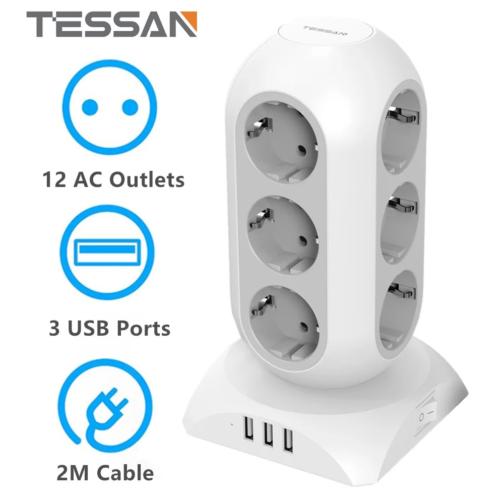 

TESSAN European Plug Extension Power Strip Vertical Tower Socket with Switch 12 EU Outlets 3 USB Ports 2m Cable for Home Office