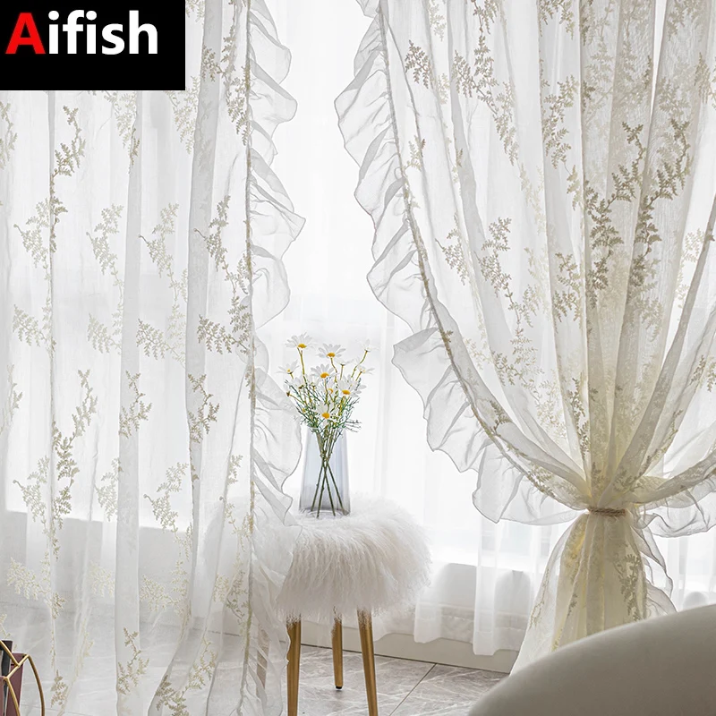 

White Embroidered Leaf Sheer Tulle Curtain French Romantic Ruffle Voile Light Filtering Window Drapes for Living Room Balcony