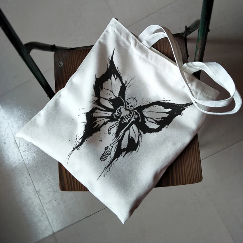 

School Bag Dark Letter Harajuku Shoulder Bag Female Skeleton Gothic Y2k Canvas Bag Large Capacity Casual Ulzzang Shopping Bags