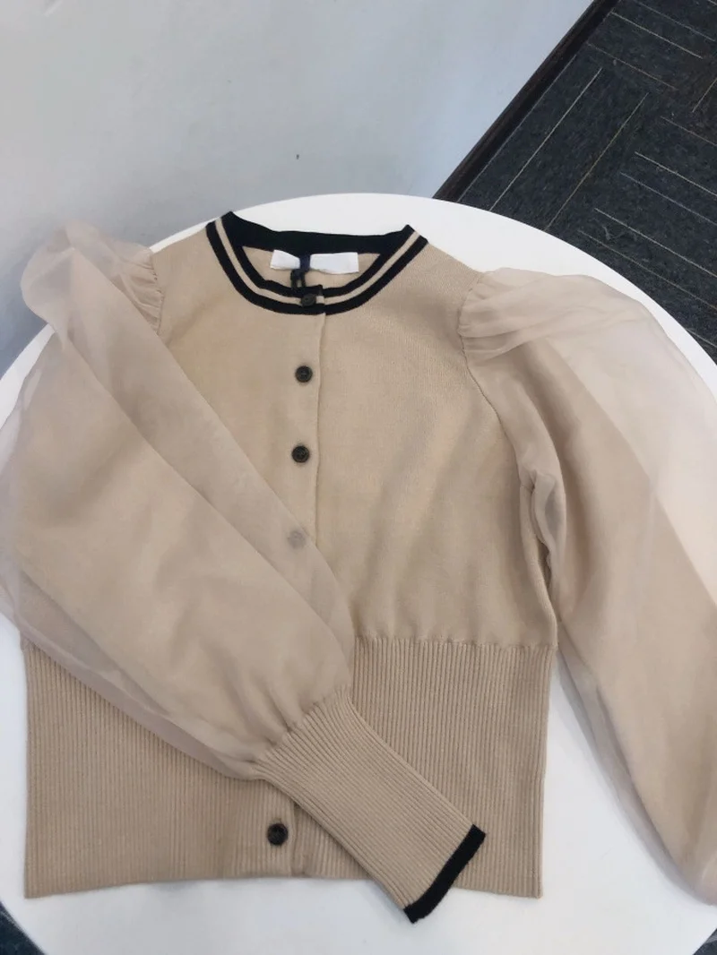 

2022 New Spring Knitted Cardigan Mesh Patchwork Sweater Single Breasted Tops