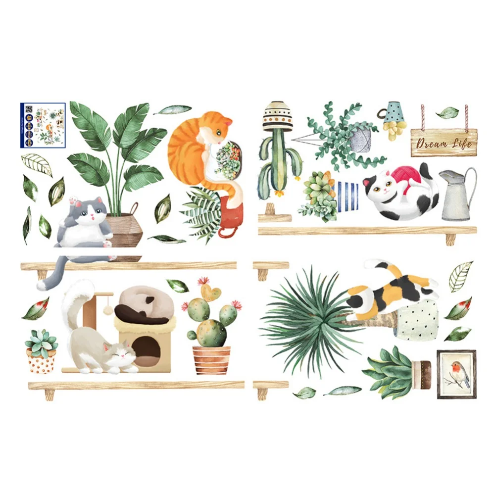 Зеленые растения в горшке котенок настенный стикер HT94038 свежий домашний стильный