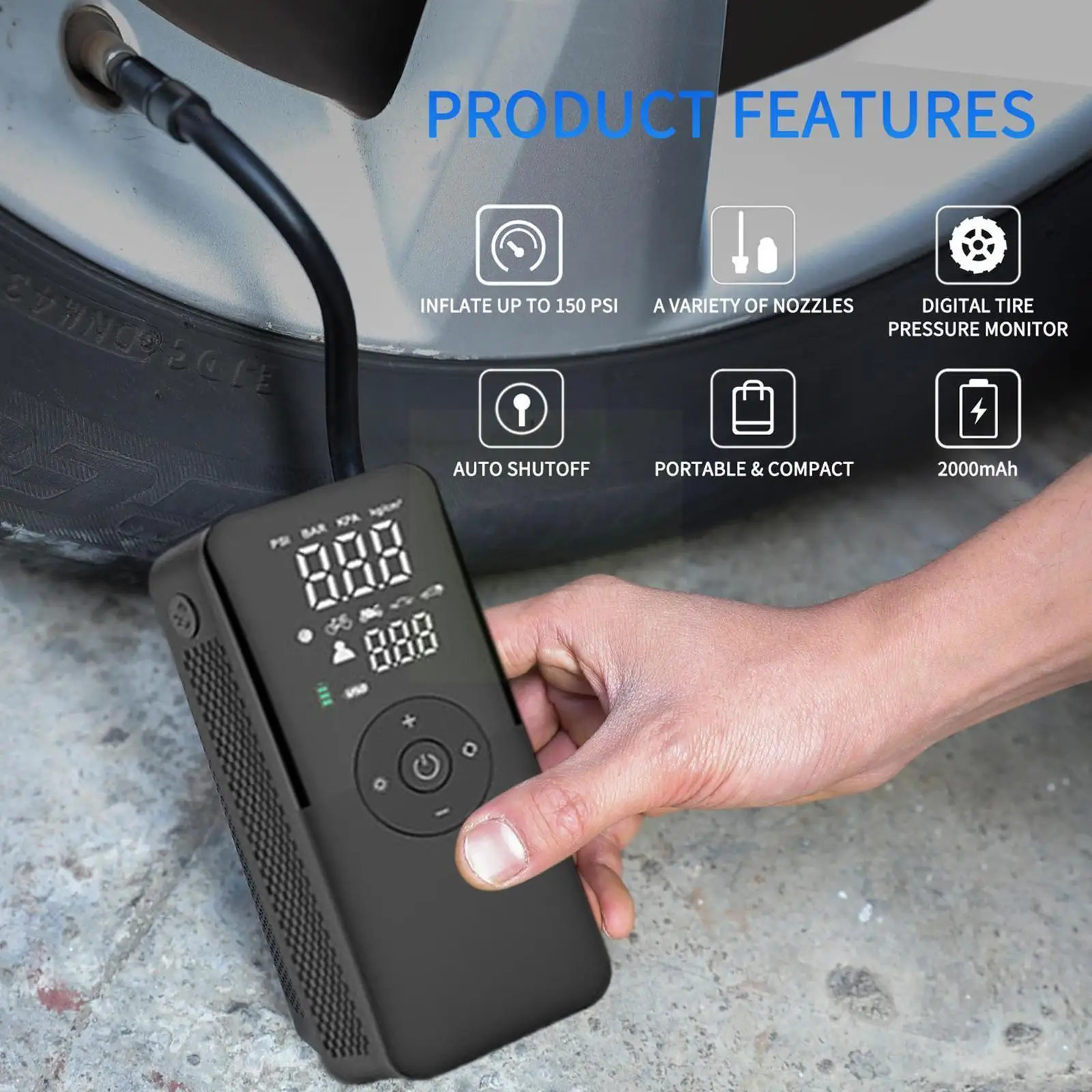 

90PSI 3 In 1 Car Electrical Air Pump With LED Lamp Wireless Tire Inflatable Pump Portable For Boat Bicycle Motorcycle Mattr W1J7