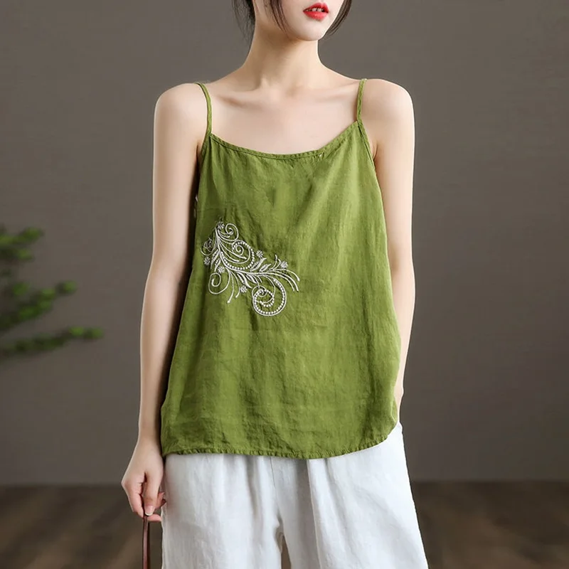 

Summer 2022 Womens Casual Fashion Camisole 100% Cotton Linen Spaghetti Strap Tank Tops For Women Vintage Loose Embroidery Vest