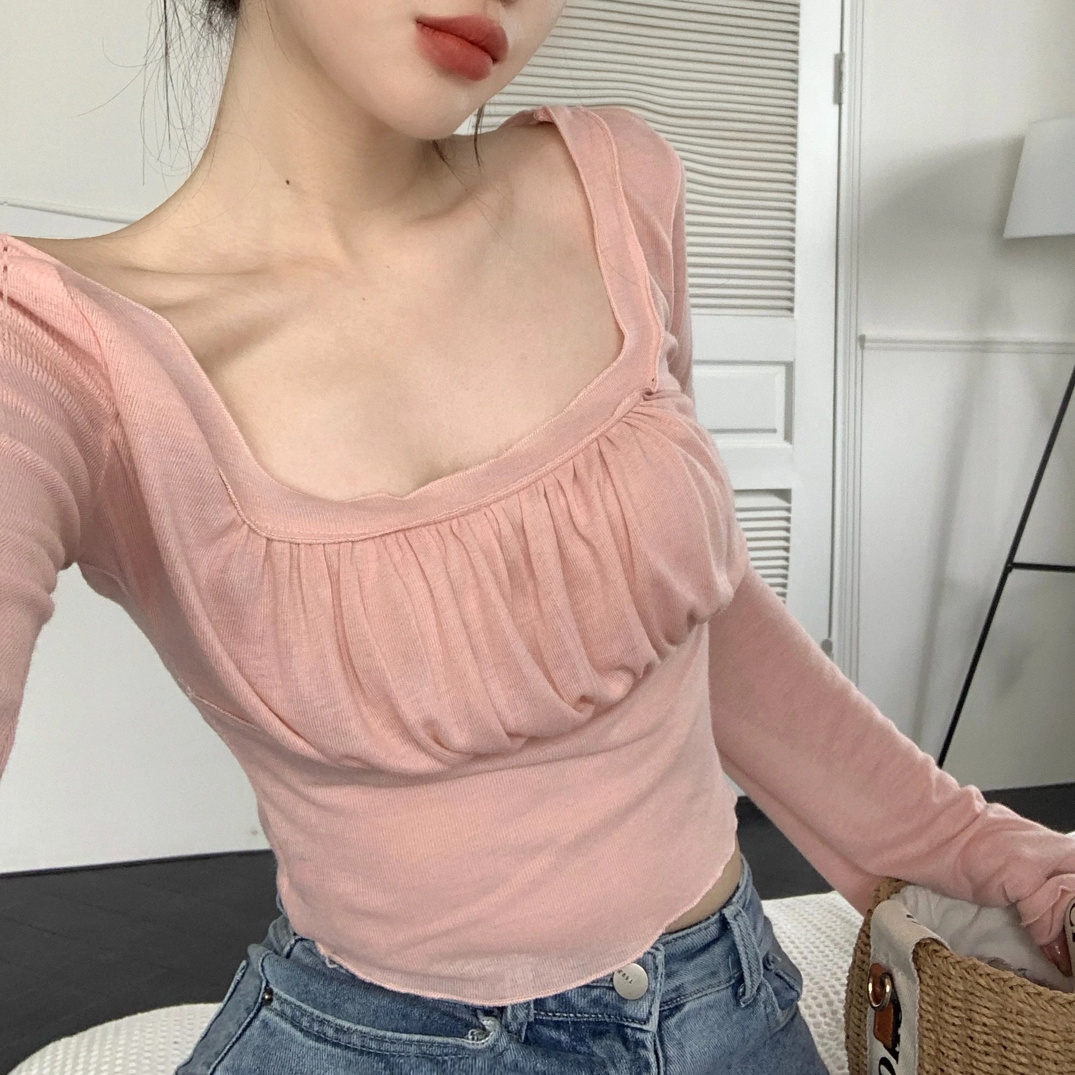 

White Square-neck Slim Long-sleeved T-shirt Women's Summer High-end Collarbone Fold Crop Tops