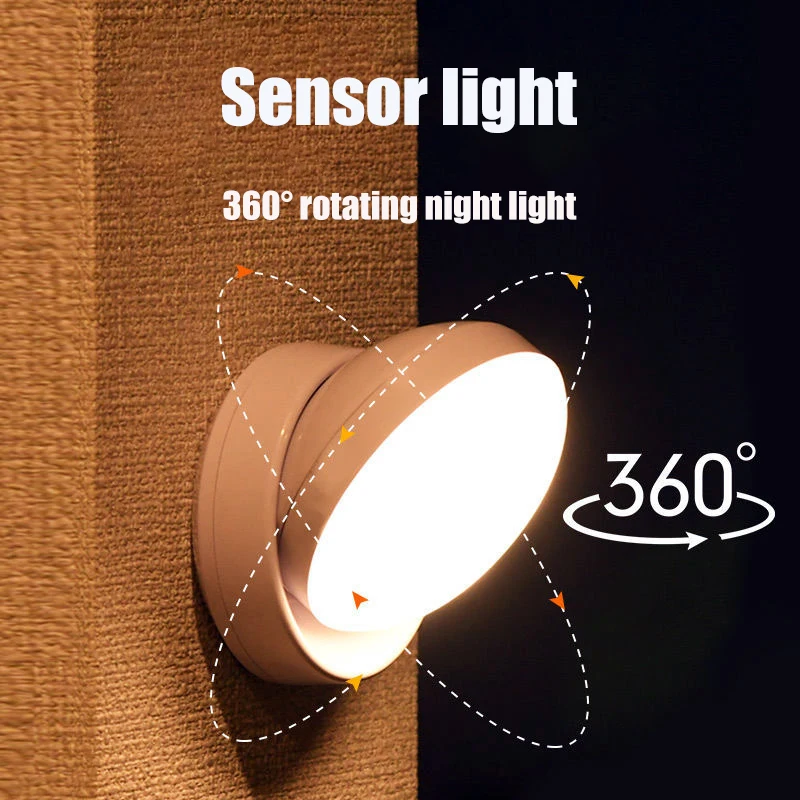 

360° PIR Motion Sensing Light Round Energy Saving Bedroom USB Rechargeable Night Lamp Closet Bedside Stairs Induction Smart Lamp