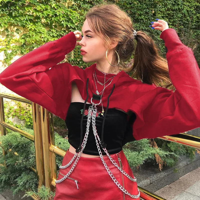 

2021 Sexy Irregular Chain Hoodies Navel Bare Crop Hooded Tops Long Sleeve Woman Sweatshirts Y2K Loose Mujer Pullovers Streetwear