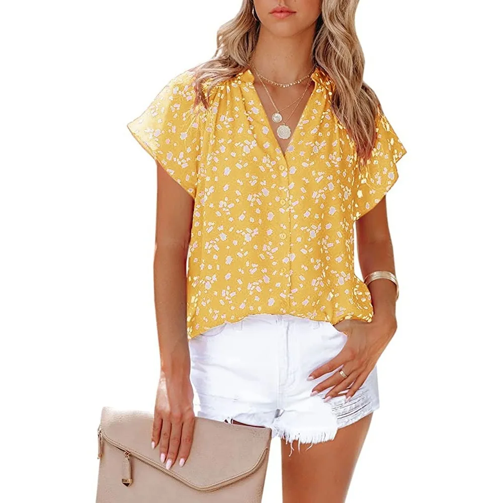 

Women's Blouse 2022 New Tops Short Sleeve V-Neck Chiffon Print Blouse Office Lady Fashion Single-breasted Shirts Tops Streetwear