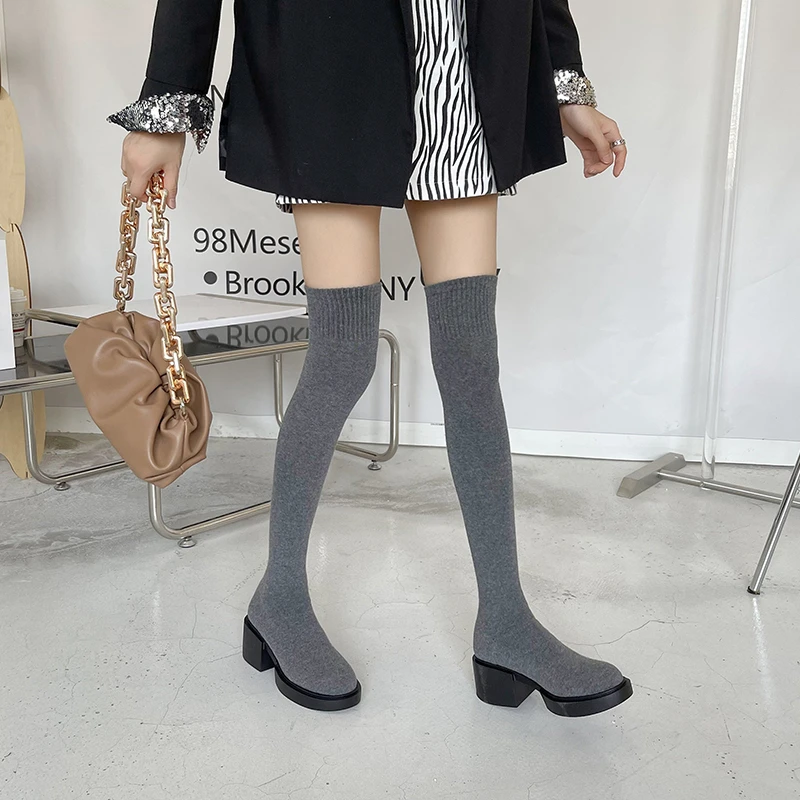 

2023 Pointed Toe Women's Over The Knee Sock Boots heel Knitting Sock Boots Elastic Slim Female Thigh High Boots Flat