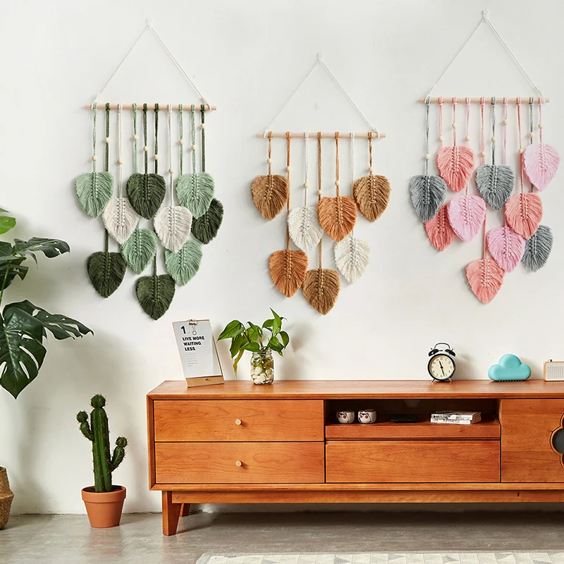 

Leaf Macrame Wall Hanging Boho Room Home Decoration Woven Aesthetic Leaves Tassels Wall Tapestry Living Room Wedding Decor Gift