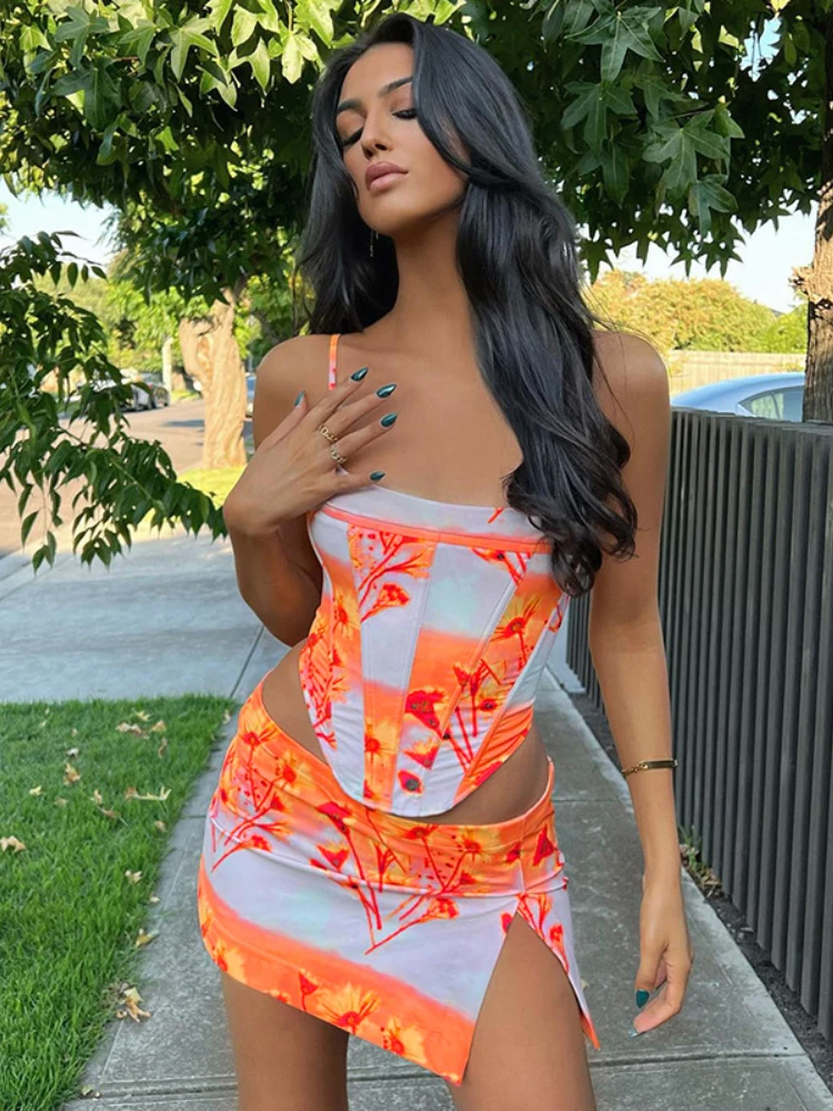 

Sexy Strap Backless Bandage Corset Top + Mini Skirt 2 Piece Sets Women 2022 Y2K Print Beach Matching Sets High Street Clubwear