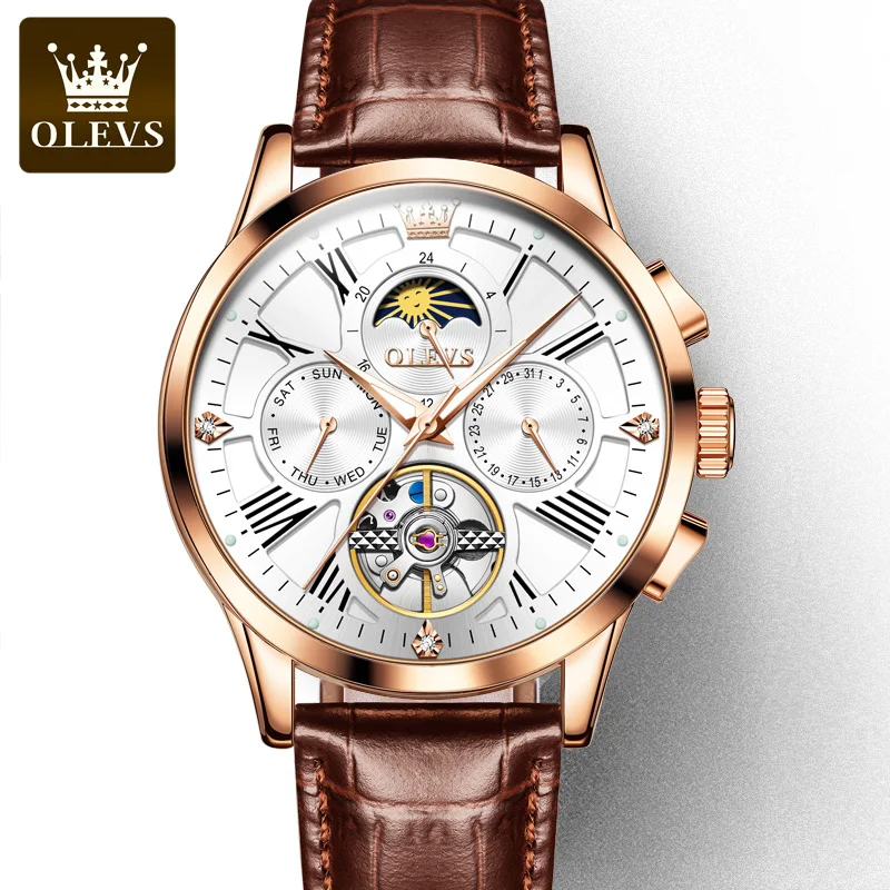 OLEVS Top Brand Men Automatic Wind up Watch Tourbillon Watch Fashion Calendar Leather Male Hollow Out Waterproof Luminous Watch