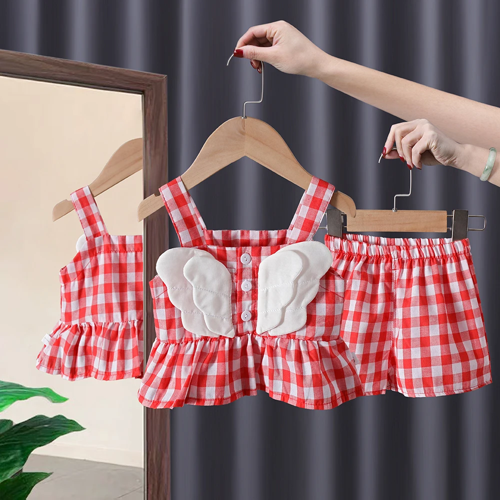 

Летние комплекты одежды для маленьких девочек, симпатичный клетчатый жилет с крыльями, из двух предметов, без рукавов + шорты, детская одежд...