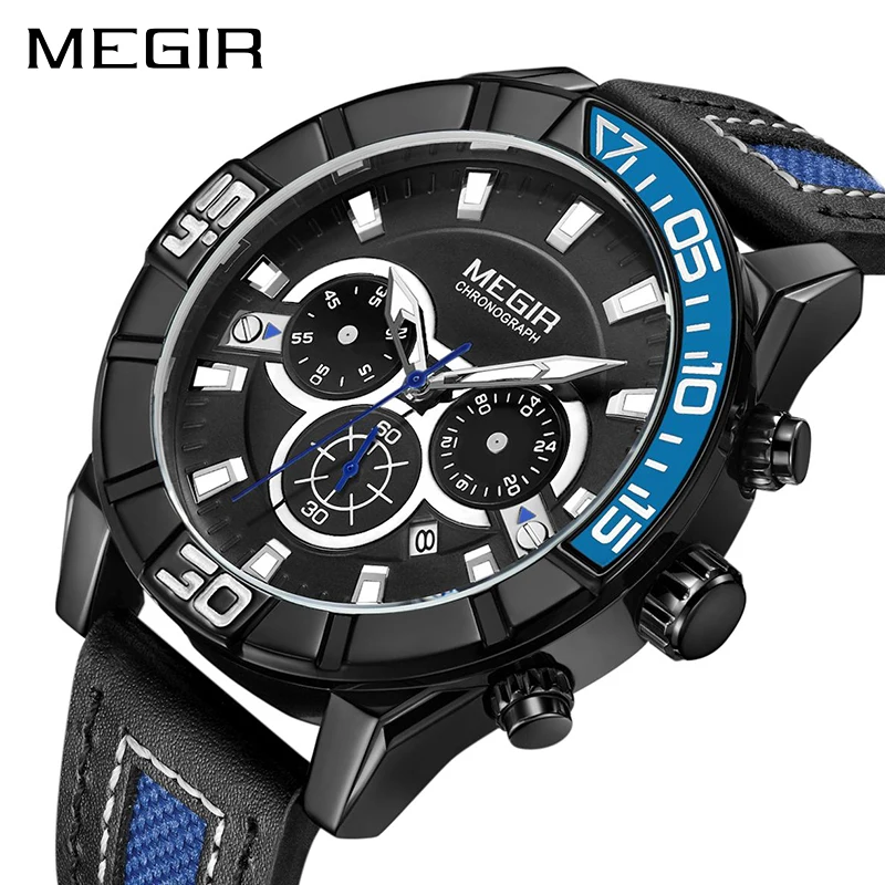 

MEGIR Big Dial Military Watch Men Luxury Three Eyes Stopwatch Brand Waterproof Quartz Wristwatches For Man Sport Luminous Clocks