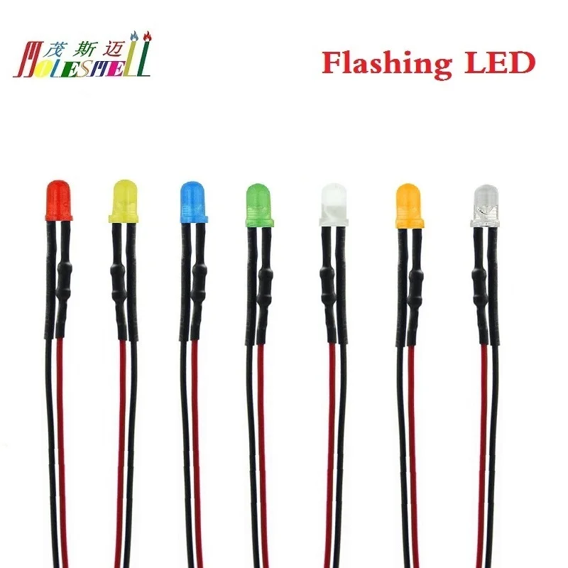 

100pcs 3mm Flashing 9V 12V DC Diffused/Water Clear LED Pre-Wired Red Yellow Blue Green White Orange R/G R/B RGB Fast/Slow Flash