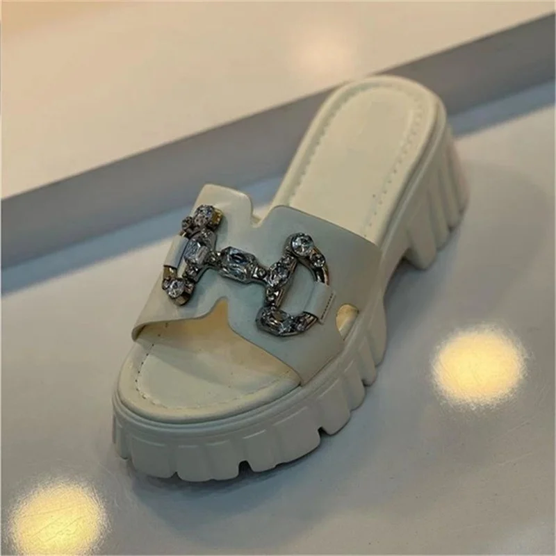 Summer Women Slippers  Platform Leather Slippers Punk Hip-Hop Metal Decorative Mules Chains Thick Bottom Rhinestone Slides