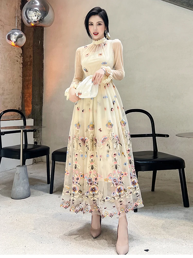 

High Quality New Women'S Spring Autumn Delicate Fashion Floral Embroidery Mesh Suspenders two Piece Casual Party Long Dress